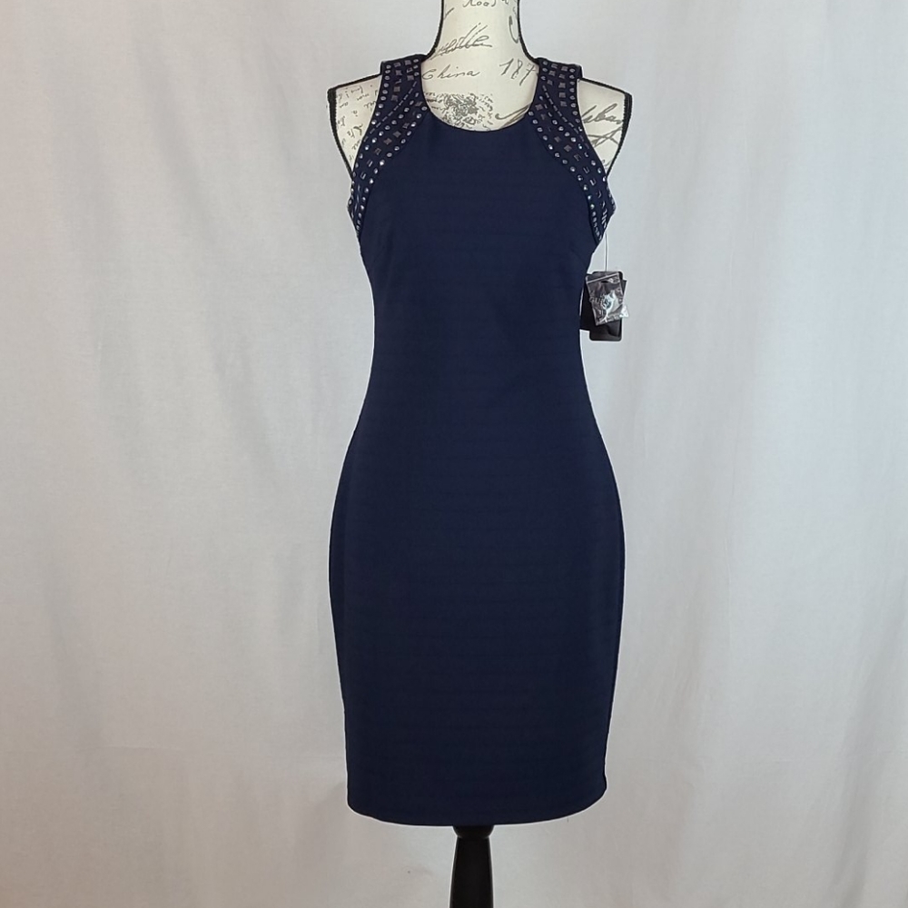 NWT GUESS studded ribbed navy bodycon dress